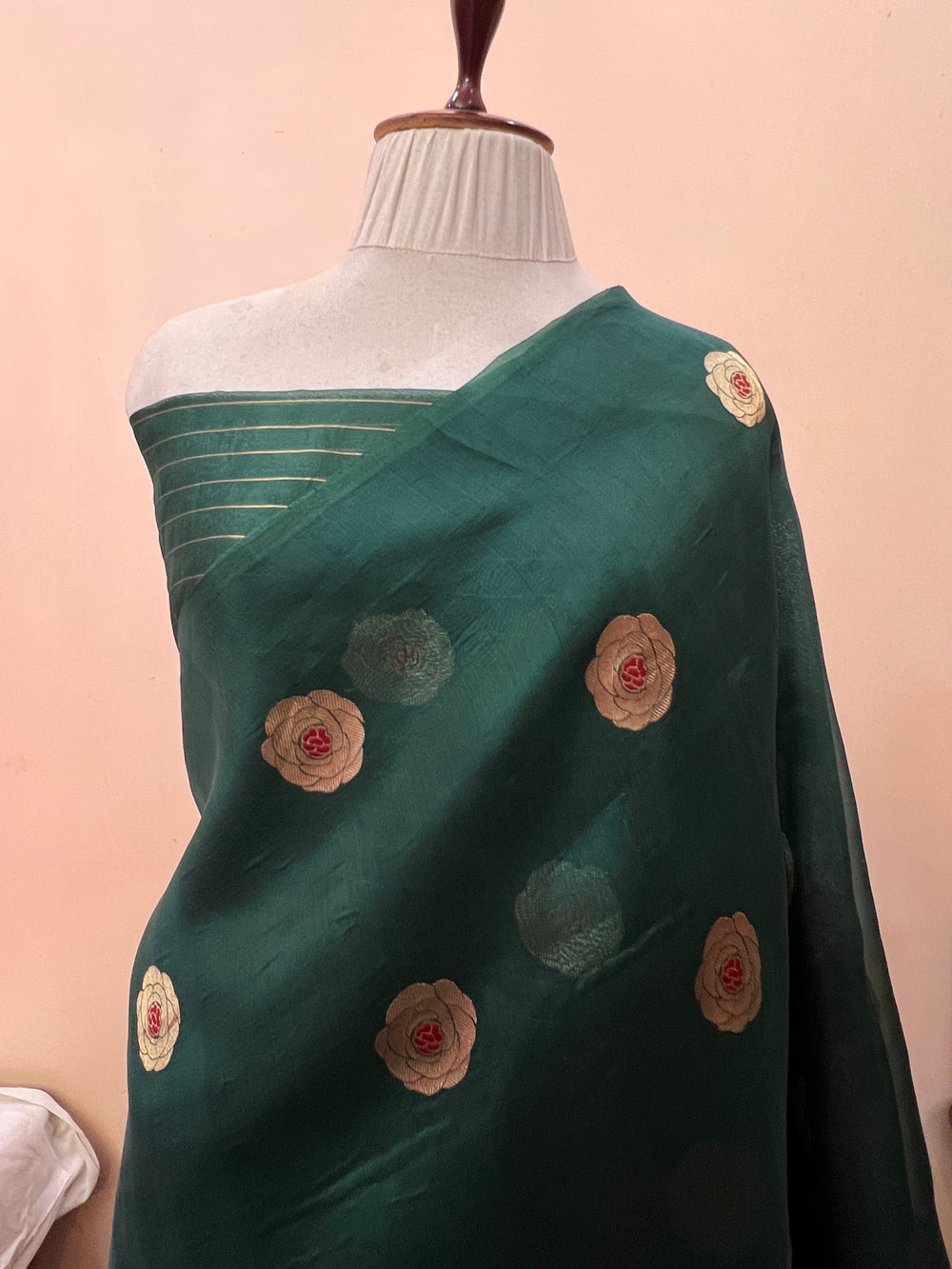 Bottle Green Pure Kora Silk Handloom Banarasi Saree
