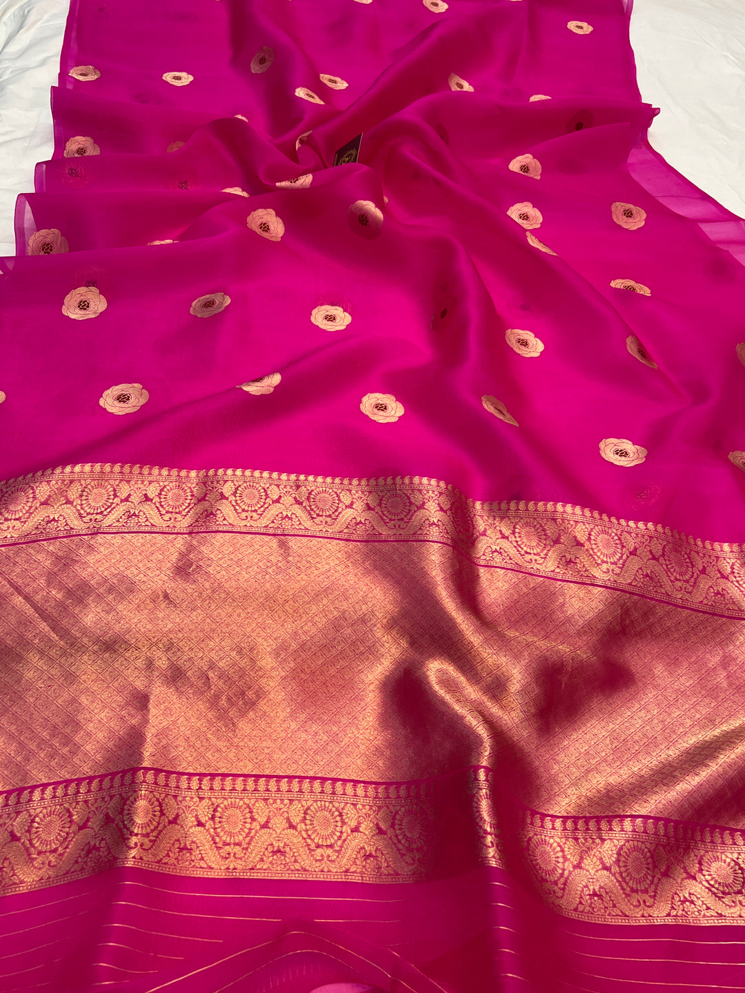 Rani Pink Pure Kora Silk Handloom Banarasi Saree