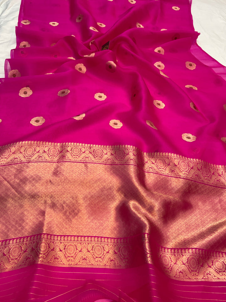 Rani Pink Pure Kora Silk Handloom Banarasi Saree