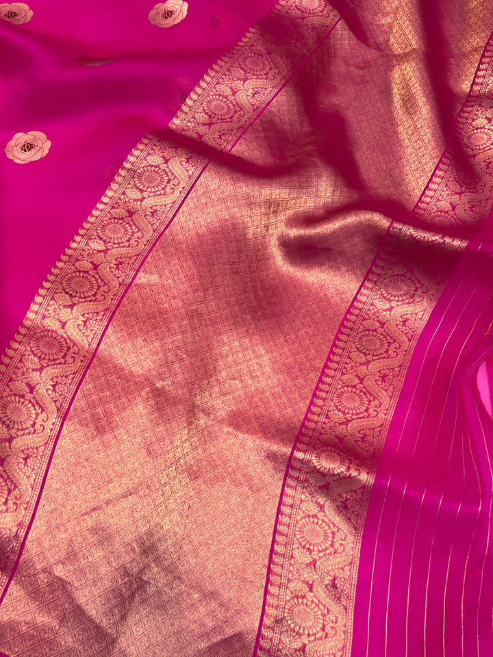 Rani Pink Pure Kora Silk Handloom Banarasi Saree