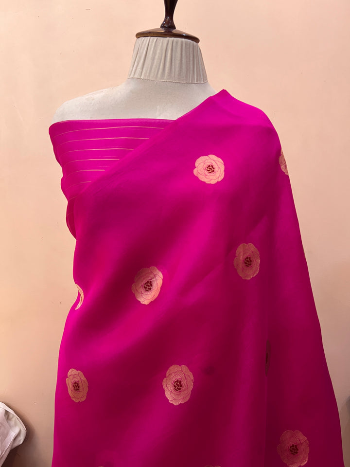 Rani Pink Pure Kora Silk Handloom Banarasi Saree