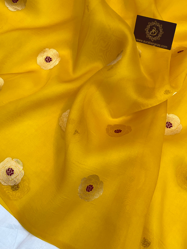 Yellow Pure Kora Silk Handloom Banarasi Saree