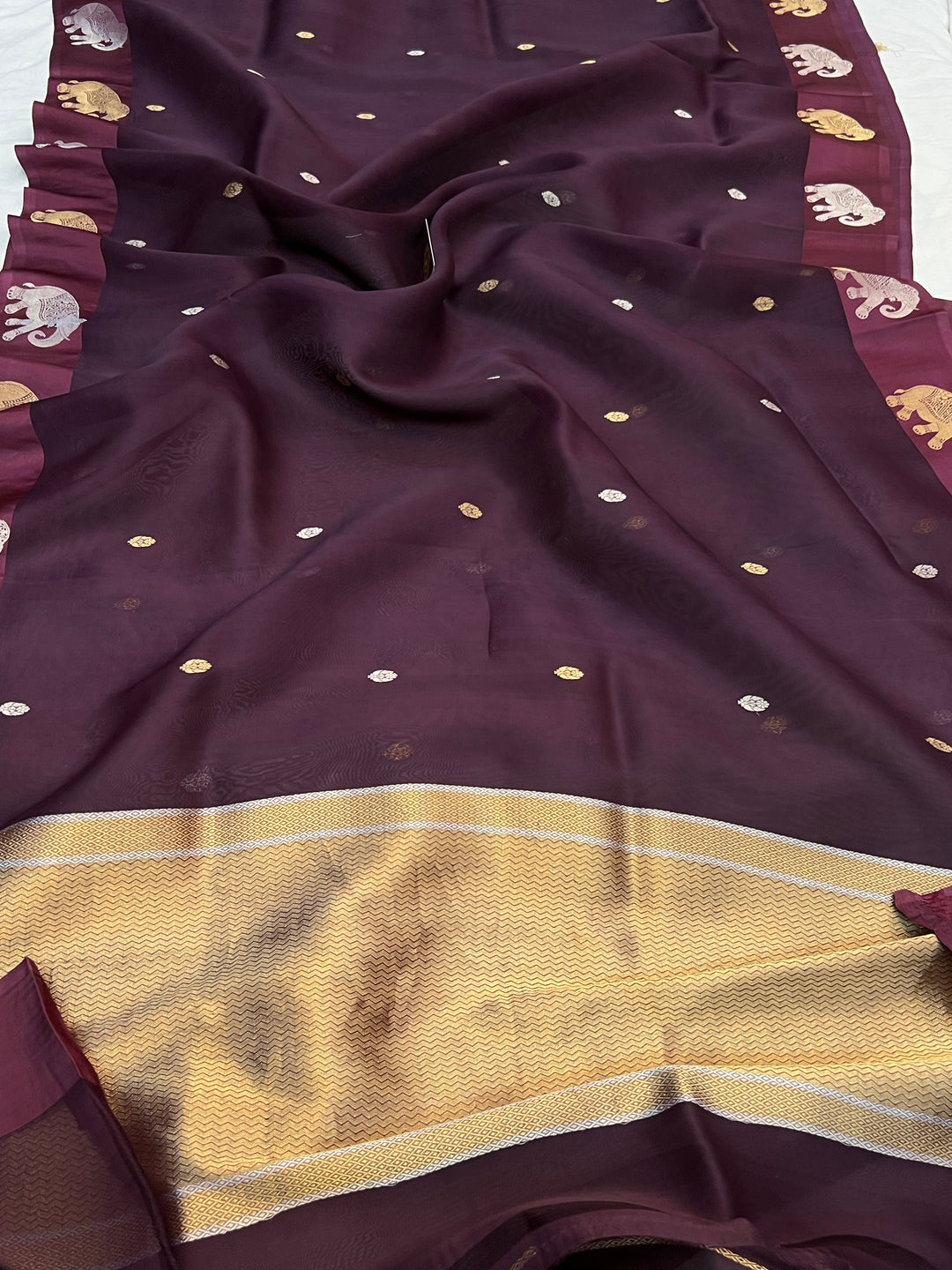 Brown Pure Kora Silk Handloom Banarasi Saree