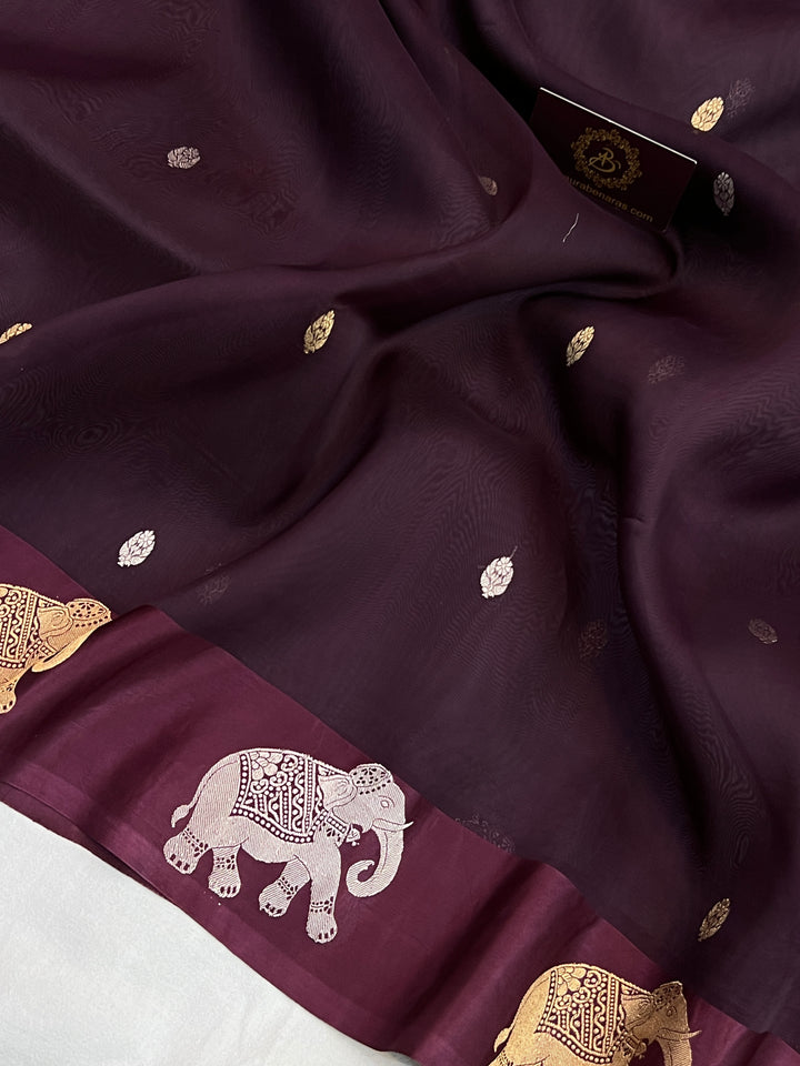 Brown Pure Kora Silk Handloom Banarasi Saree