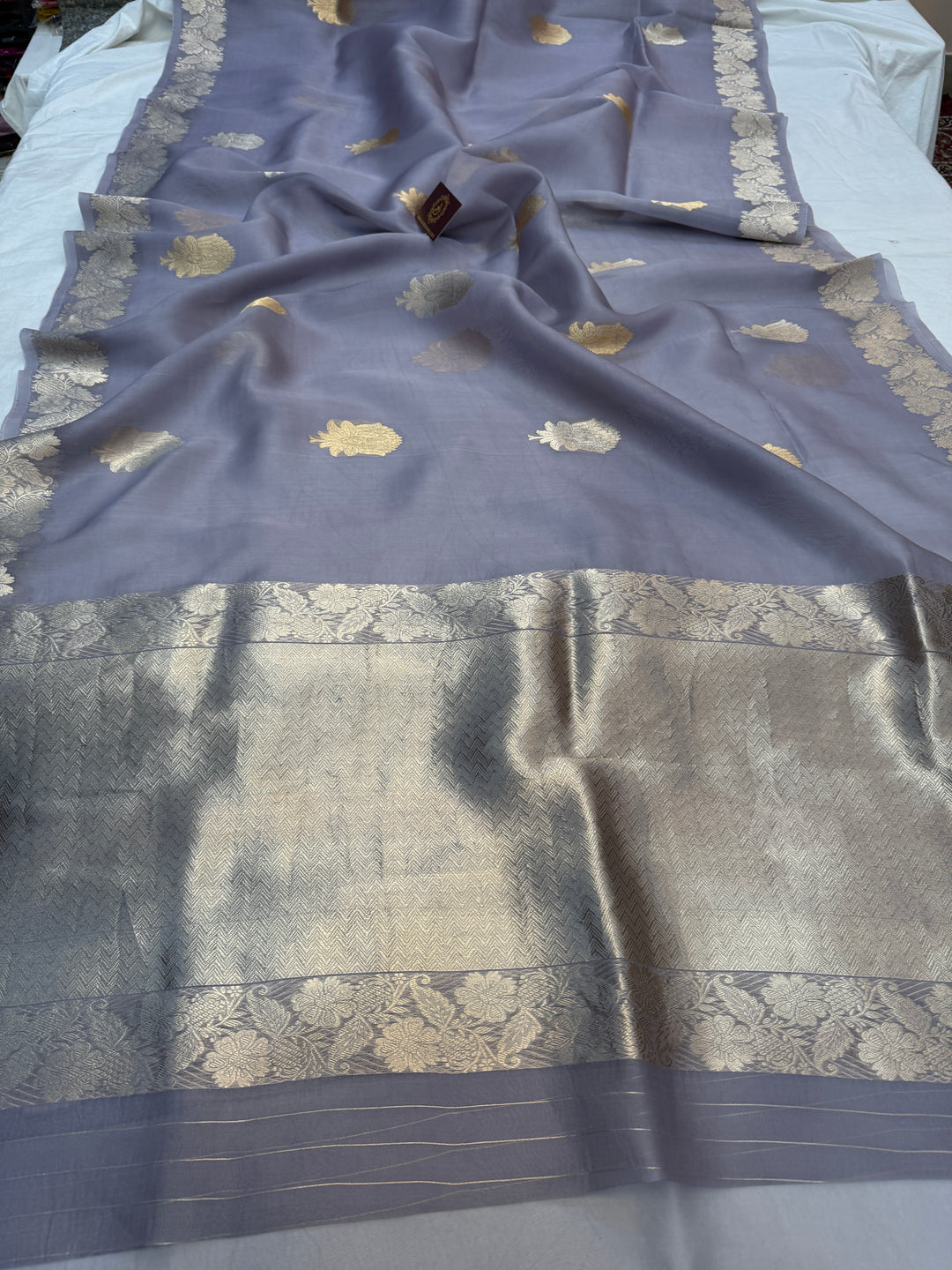 Grey Pure Kora Silk Handloom Banarasi Saree