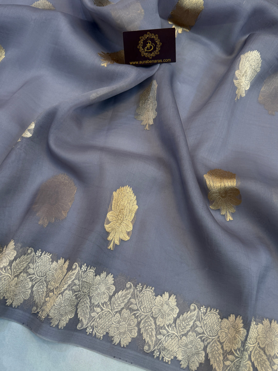 Grey Pure Kora Silk Handloom Banarasi Saree