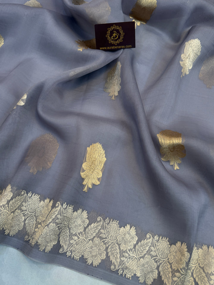 Grey Pure Kora Silk Handloom Banarasi Saree