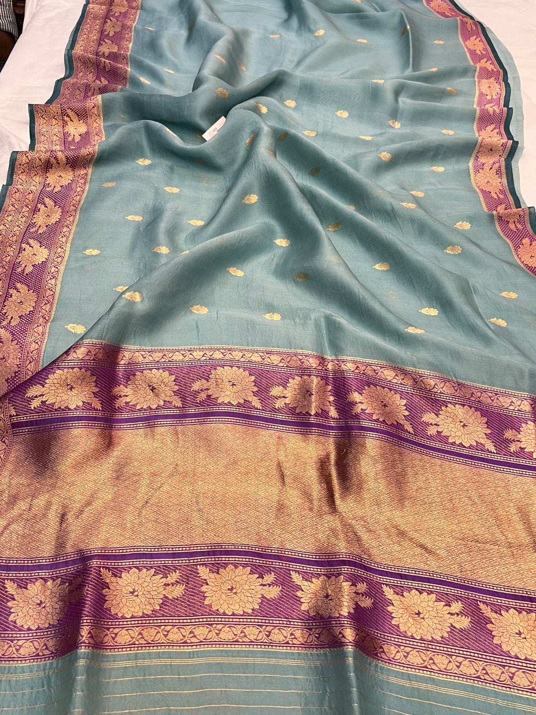Pre Order :: Sage Blue Pure Banarasi Handloom Kora Silk Saree