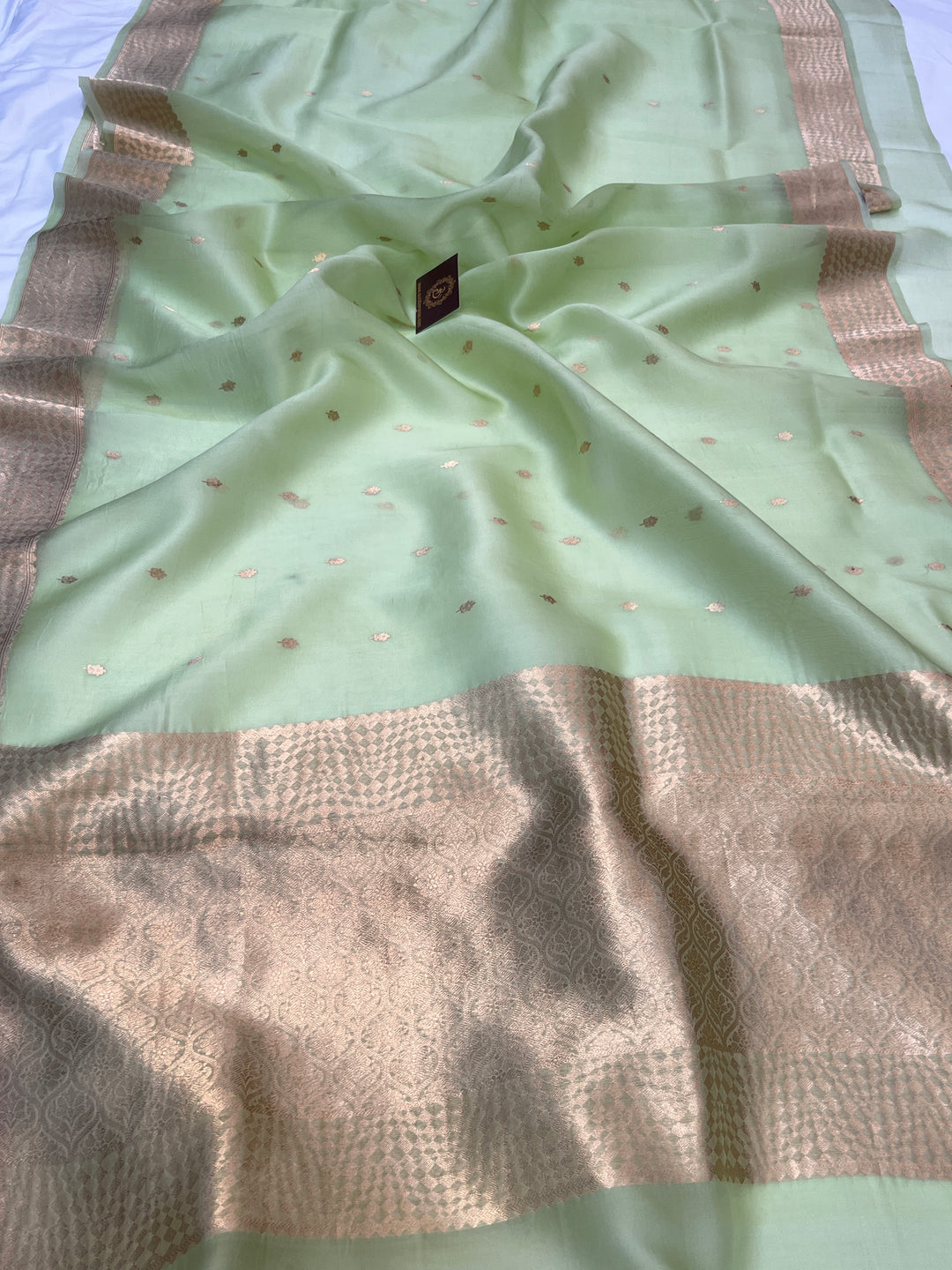 Pista Green Pure Kora Silk Handloom Banarasi Saree