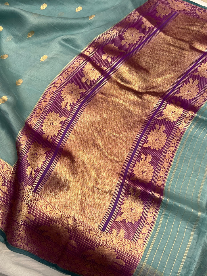 Pre Order :: Sage Blue Pure Banarasi Handloom Kora Silk Saree