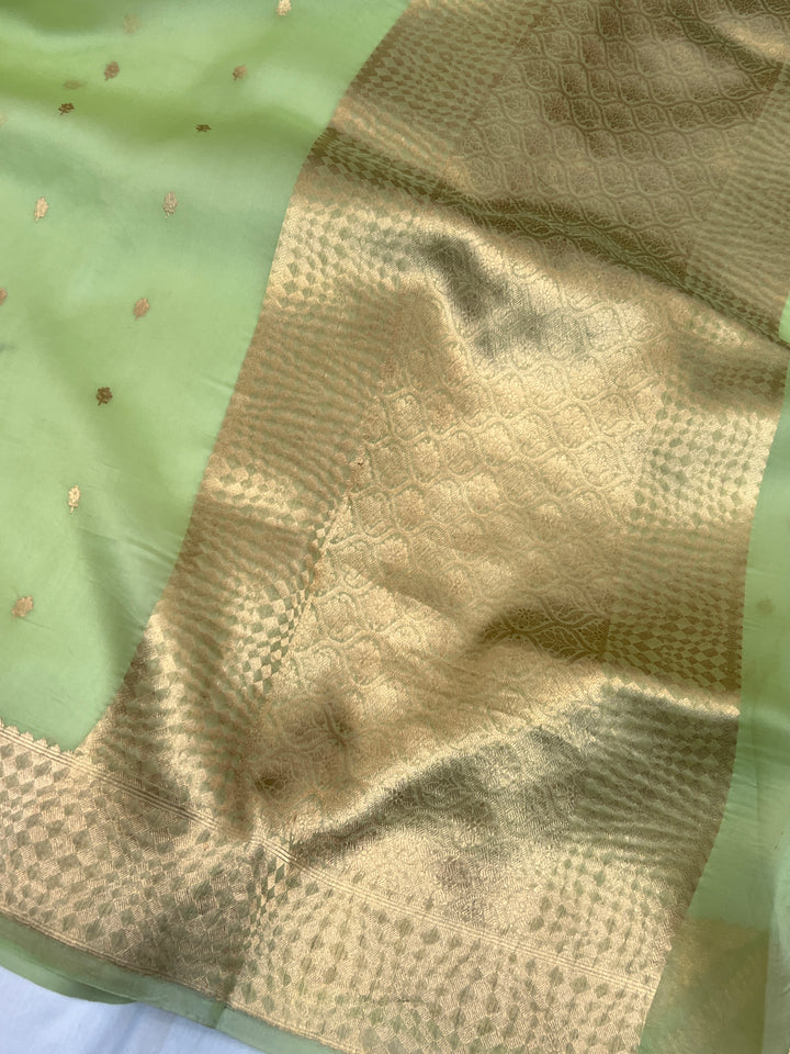 Pista Green Pure Kora Silk Handloom Banarasi Saree