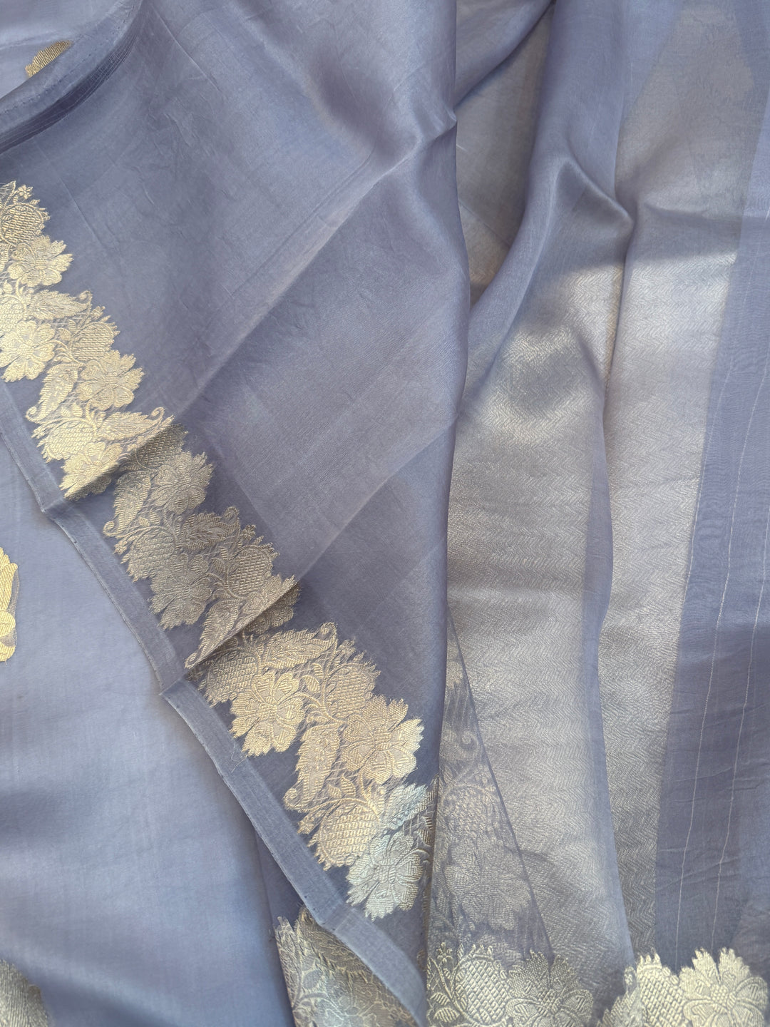 Grey Pure Kora Silk Handloom Banarasi Saree