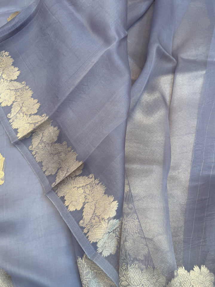 Grey Pure Kora Silk Handloom Banarasi Saree