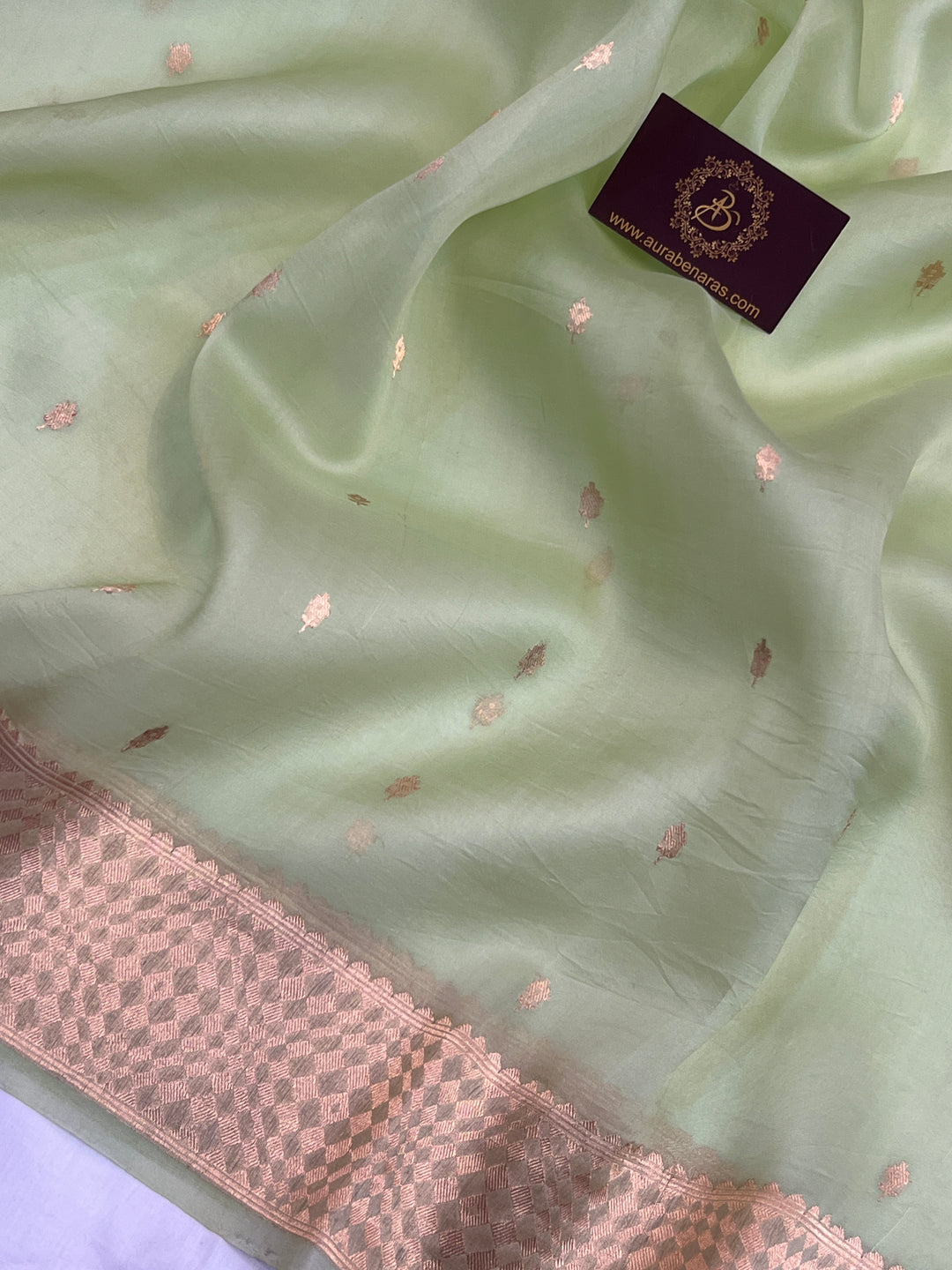 Pista Green Pure Kora Silk Handloom Banarasi Saree