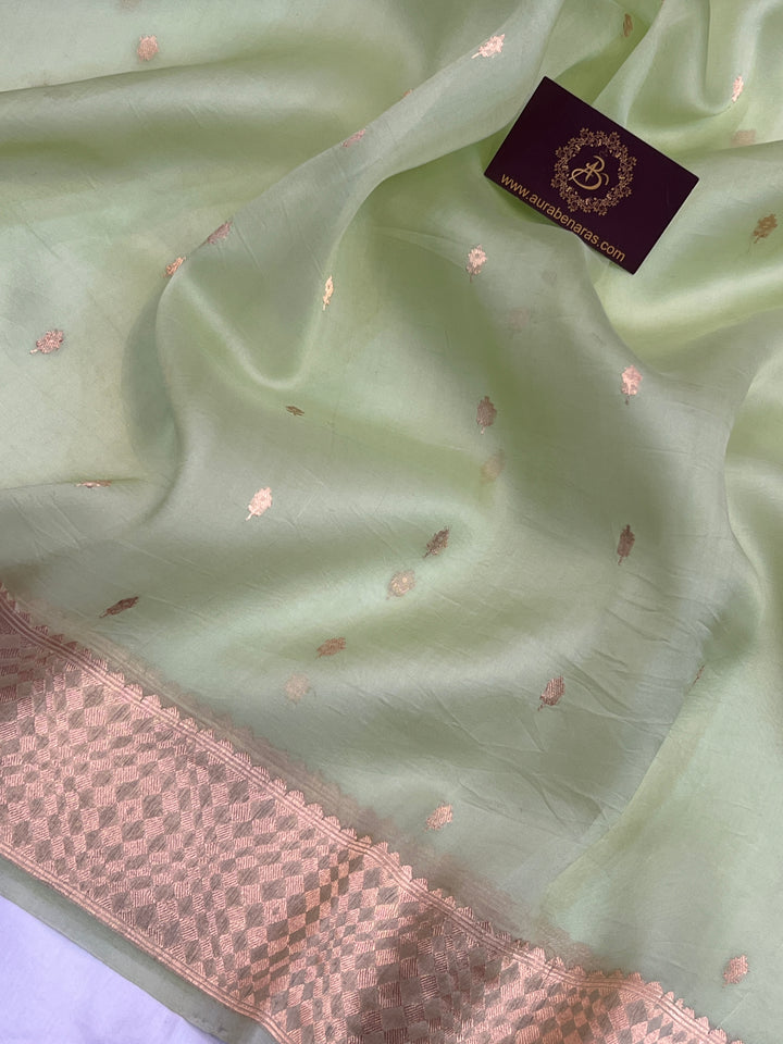 Pista Green Pure Kora Silk Handloom Banarasi Saree