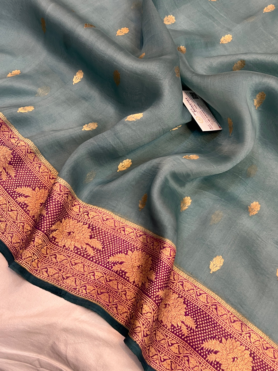 Pre Order :: Sage Blue Pure Banarasi Handloom Kora Silk Saree
