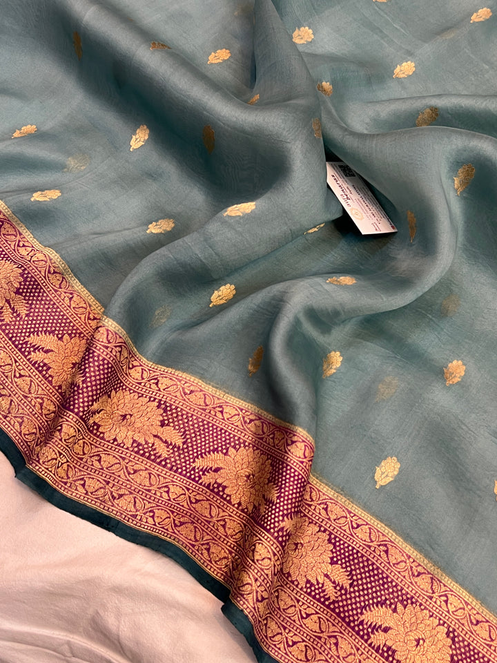 Pre Order :: Sage Blue Pure Banarasi Handloom Kora Silk Saree