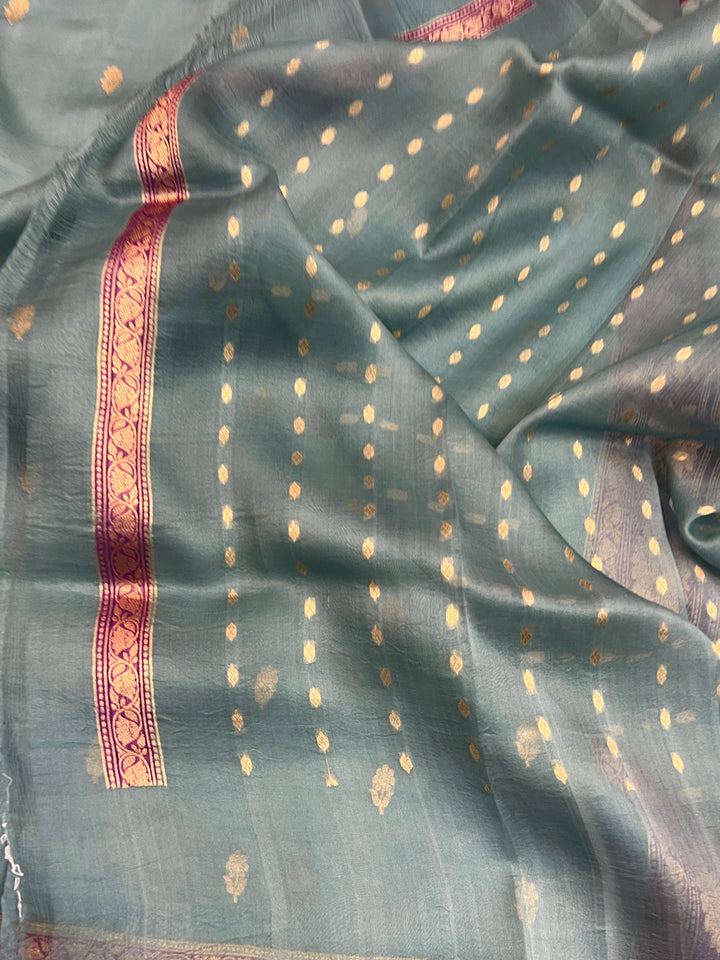 Pre Order :: Sage Blue Pure Banarasi Handloom Kora Silk Saree