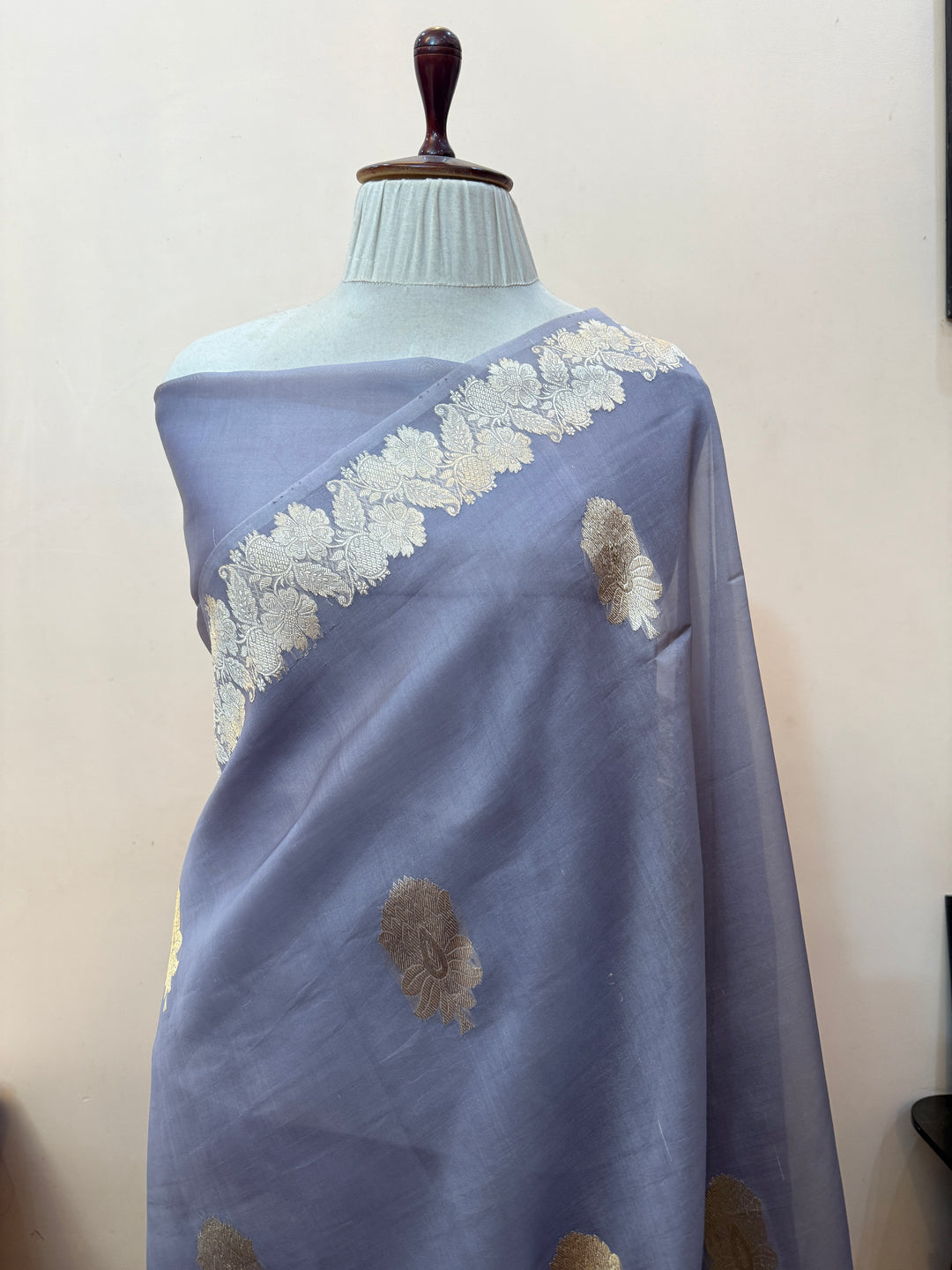 Grey Pure Kora Silk Handloom Banarasi Saree