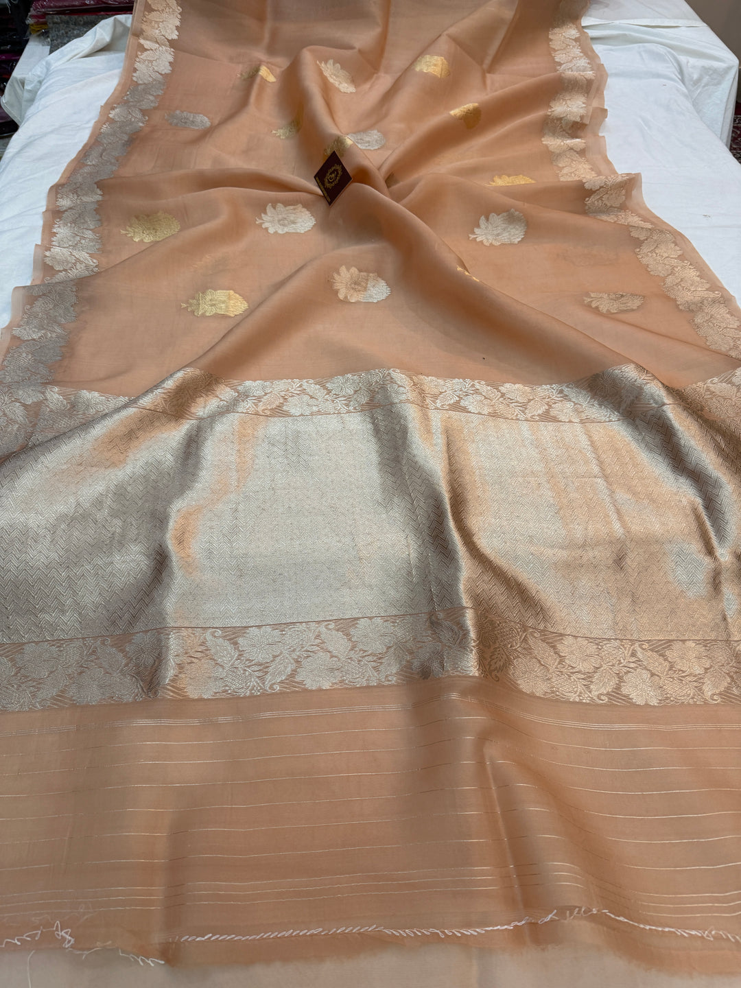 Beige Pure Kora Silk Handloom Banarasi Saree