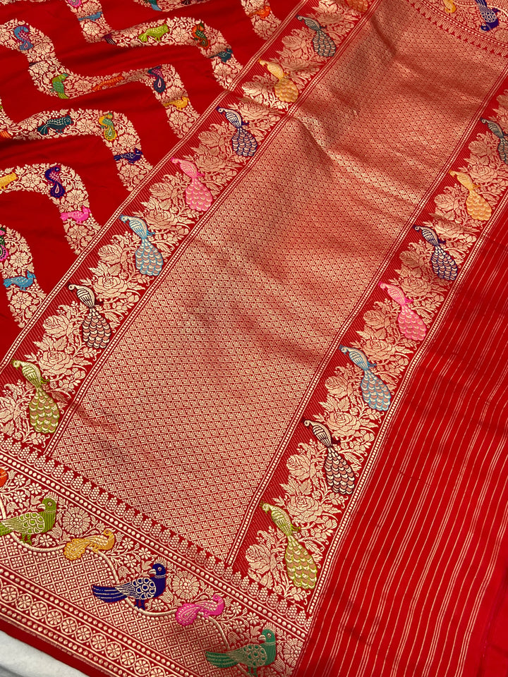 Red Pure Katan Silk Banarasi Saree with Kadhwa Leheriya & Meenakari 