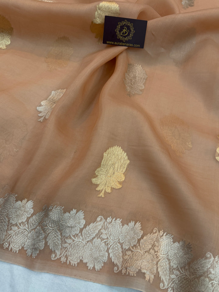 Beige Pure Kora Silk Handloom Banarasi Saree