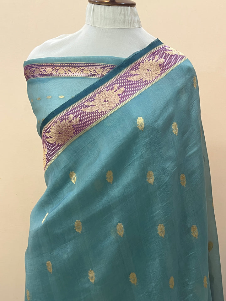 Pre Order :: Sage Blue Pure Banarasi Handloom Kora Silk Saree
