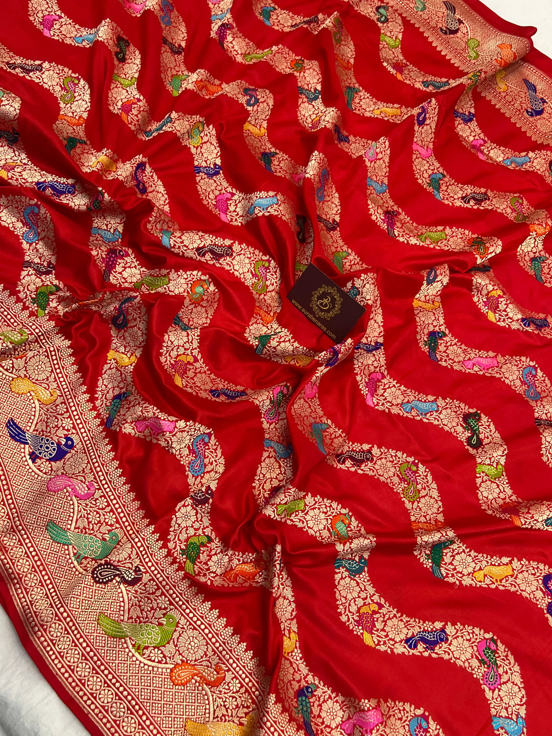 Red Pure Katan Silk Banarasi Saree with Kadhwa Leheriya & Meenakari 