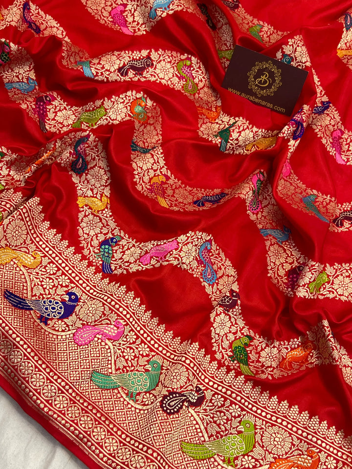 Red Pure Katan Silk Banarasi Saree with Kadhwa Leheriya & Meenakari 