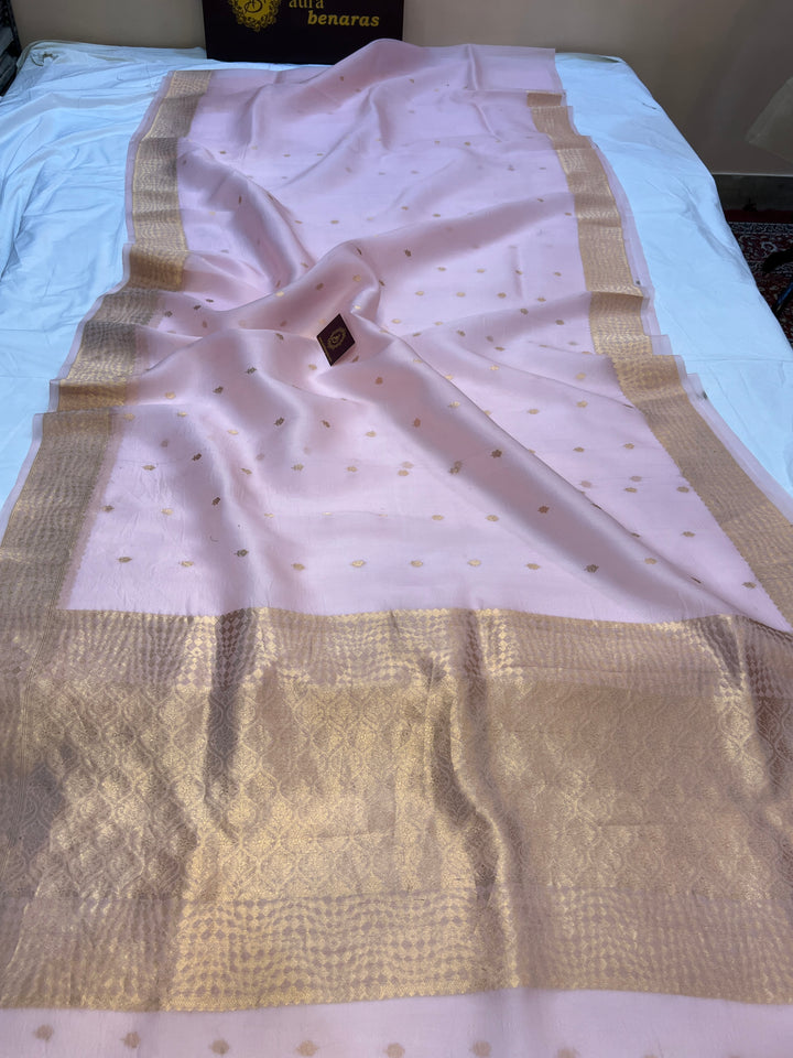 Baby Pink Pure Kora Silk Handloom Banarasi Saree