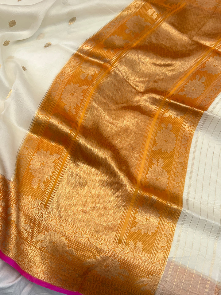 Pre Order :: Off White Pure Banarasi Handloom Kora Silk Saree