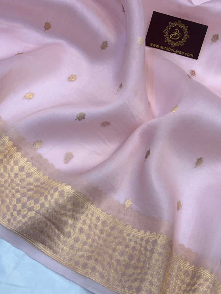 Baby Pink Pure Kora Silk Handloom Banarasi Saree