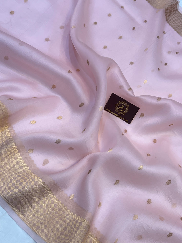 Baby Pink Pure Kora Silk Handloom Banarasi Saree