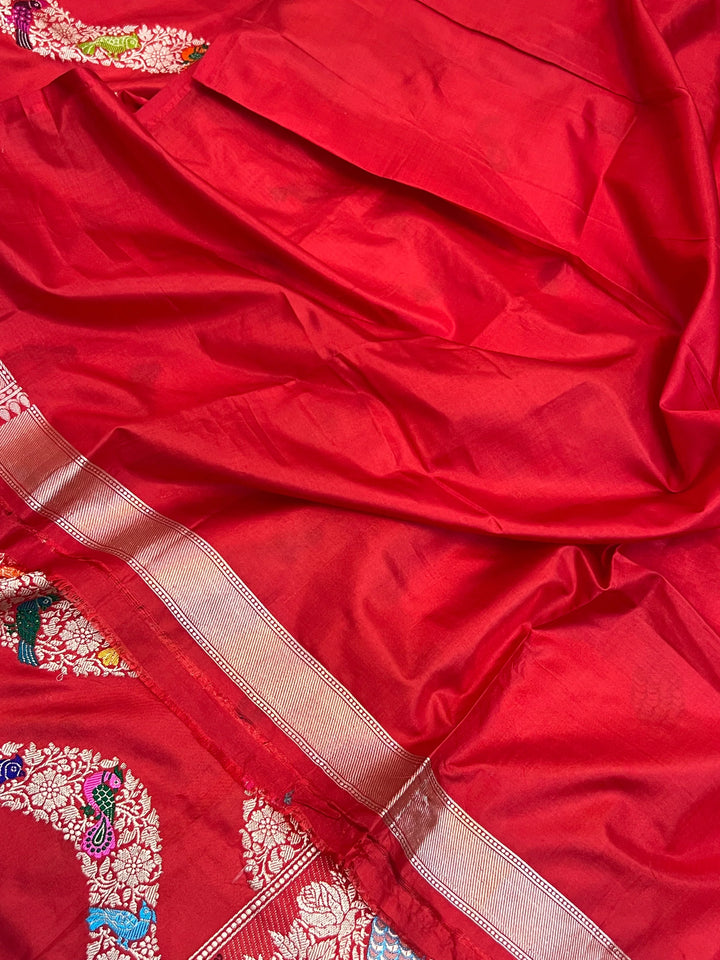 Red Pure Katan Silk Banarasi Saree with Kadhwa Leheriya & Meenakari 