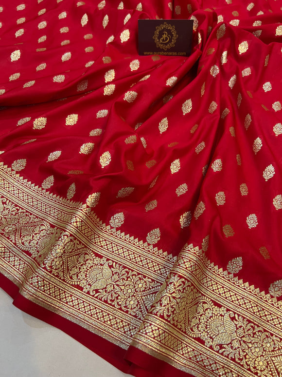 Red Banarasi Handloom Satin SIlk Saree - Aura Benaras