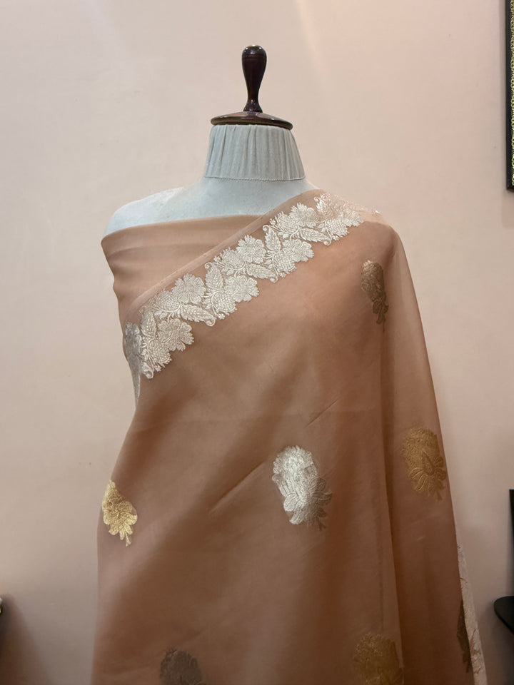 Beige Pure Kora Silk Handloom Banarasi Saree