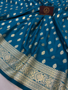 Persion Blue Banarasi Handloom Satin SIlk Saree - Aura Benaras