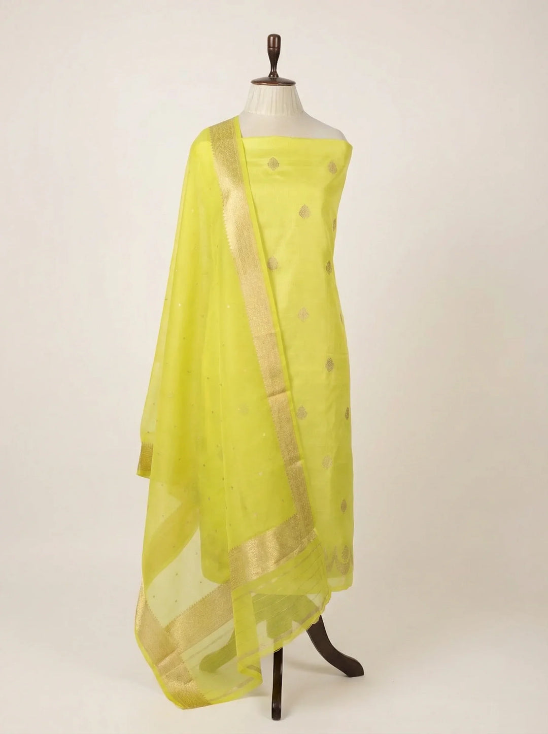 Lemon Yellow Pure Banarasi Silk Unstitched Suit Kadhwa Work