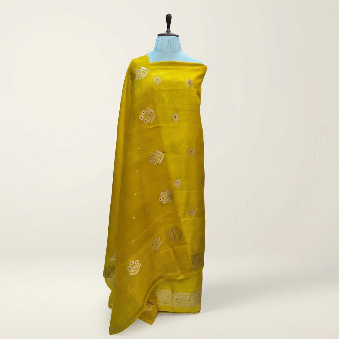 Mustard Yellow Pure Banarasi Silk Unstitched Suit Kadhwa Work