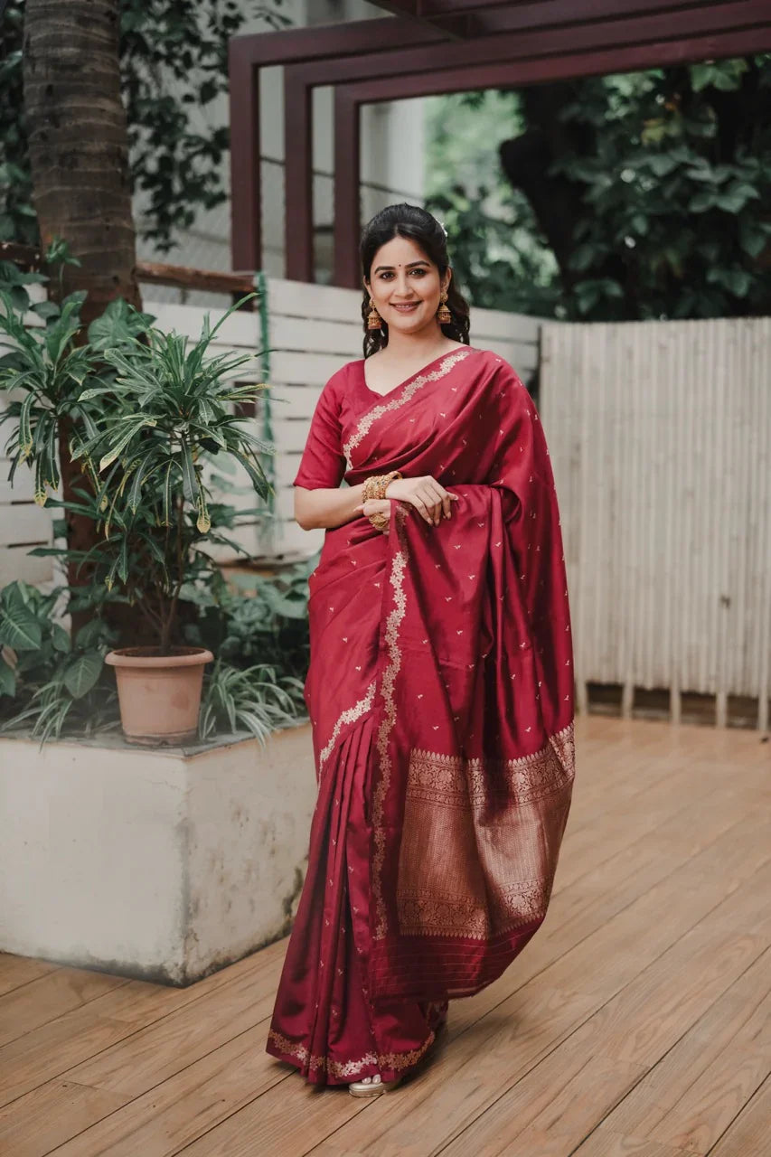 Maroon Banarasi Silk Saree | Kadhwa & Designer Border