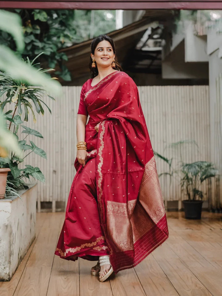 Maroon Banarasi Silk Saree | Kadhwa & Designer Border