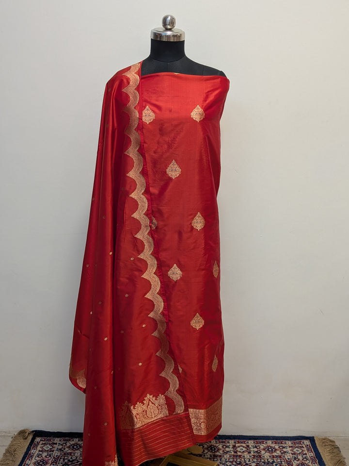 Red Katan Silk Handwoven Banarasi Suit Set - Aura Benaras