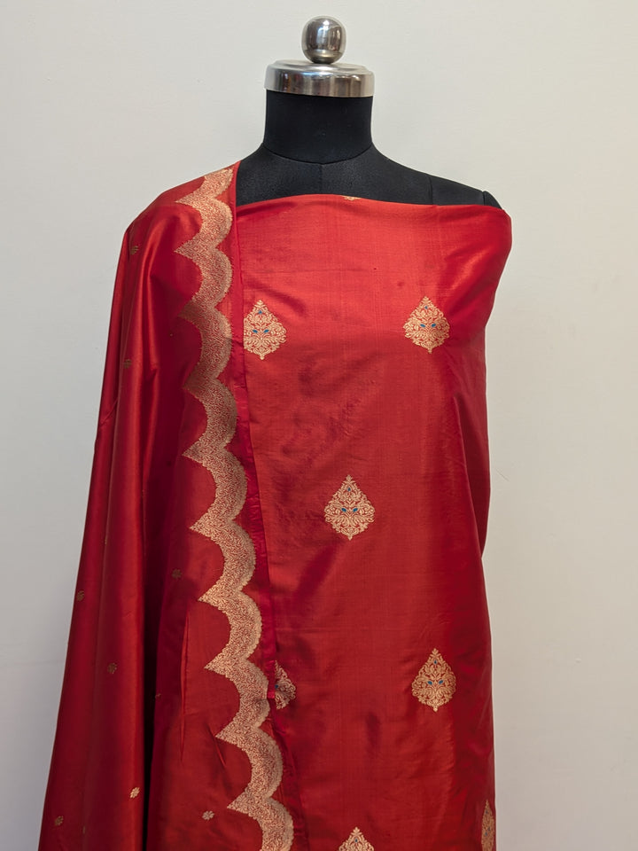 Red Katan Silk Handwoven Banarasi Suit Set - Aura Benaras
