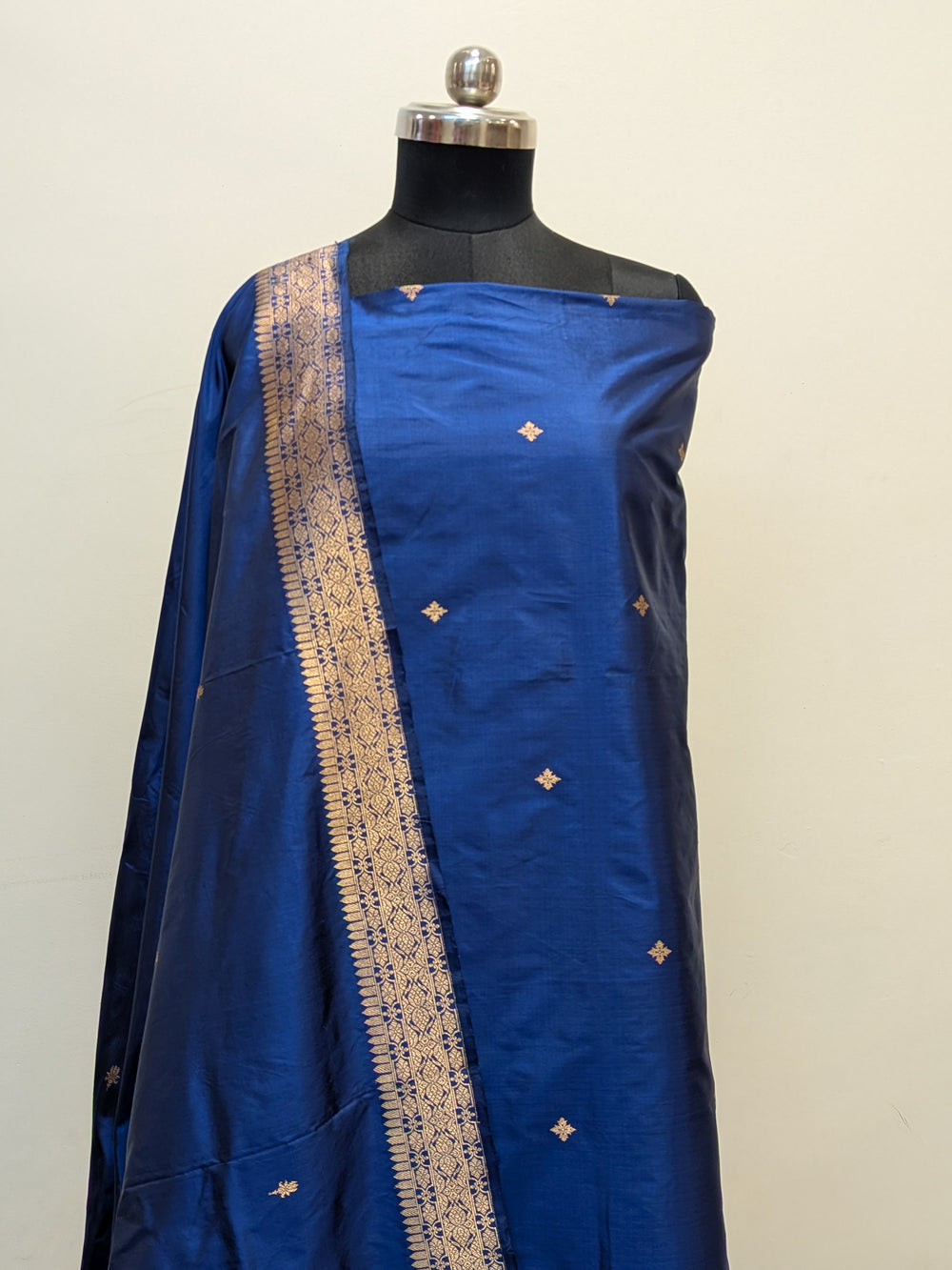 Navy Blue Katan Silk Handwoven Banarasi Suit Set - Aura Benaras