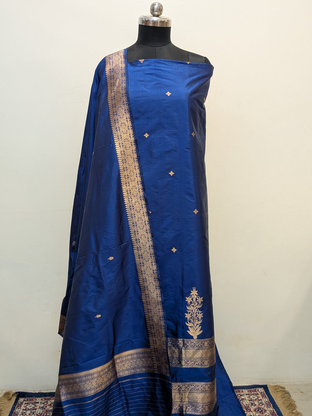Navy Blue Katan Silk Handwoven Banarasi Suit Set - Aura Benaras