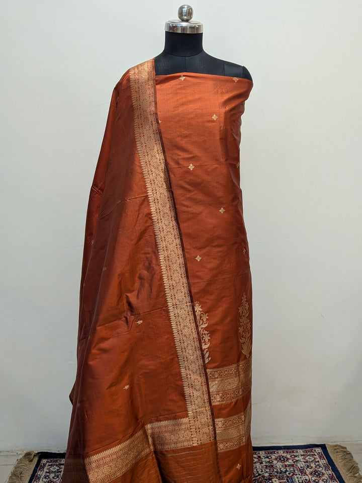 Copper Katan Silk Handwoven Banarasi Suit Set - Aura Benaras