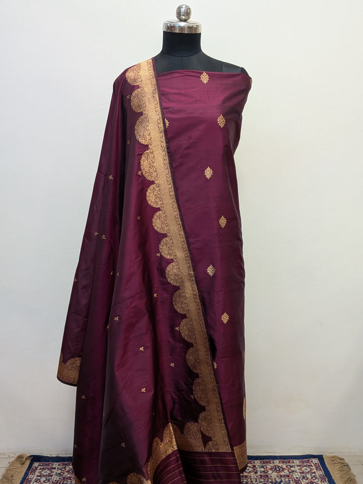 Wine Katan Silk Handwoven Banarasi Suit Set - Aura Benaras
