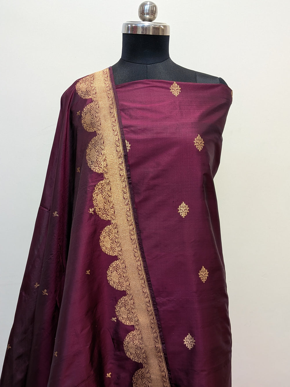 Wine Katan Silk Handwoven Banarasi Suit Set - Aura Benaras