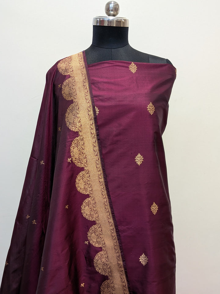Wine Katan Silk Handwoven Banarasi Suit Set - Aura Benaras