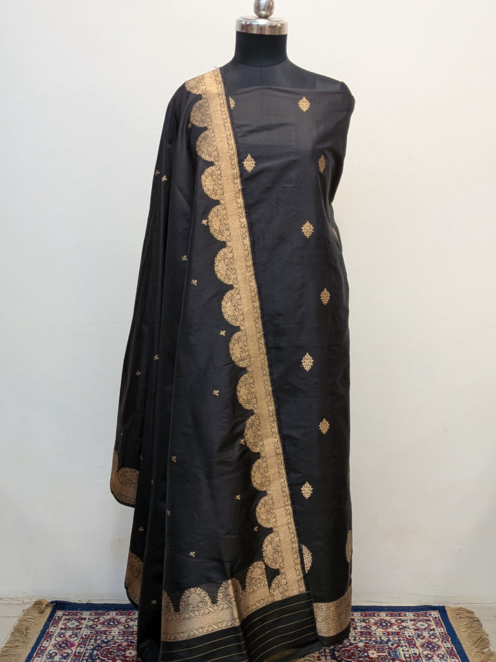Black Katan Silk Handwoven Banarasi Suit Set - Aura Benaras